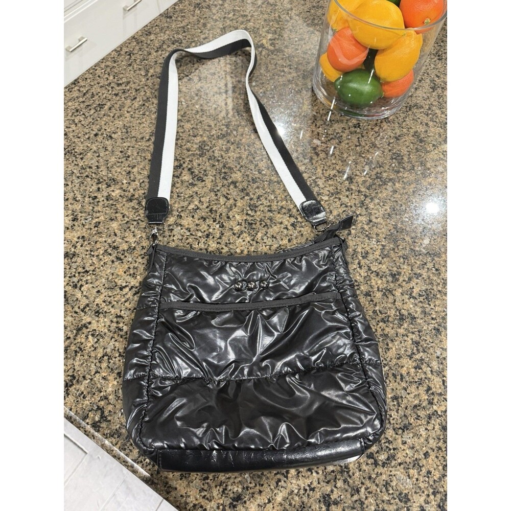 PS Brand Black Quilted Puffer Crossbody Bag Nylon Zip Top with Striped Strap